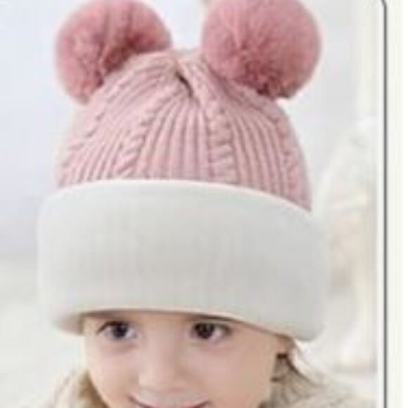 Kids Winter Plus Velvet Cute Pink Beanie Cap - Picture 2 of 4